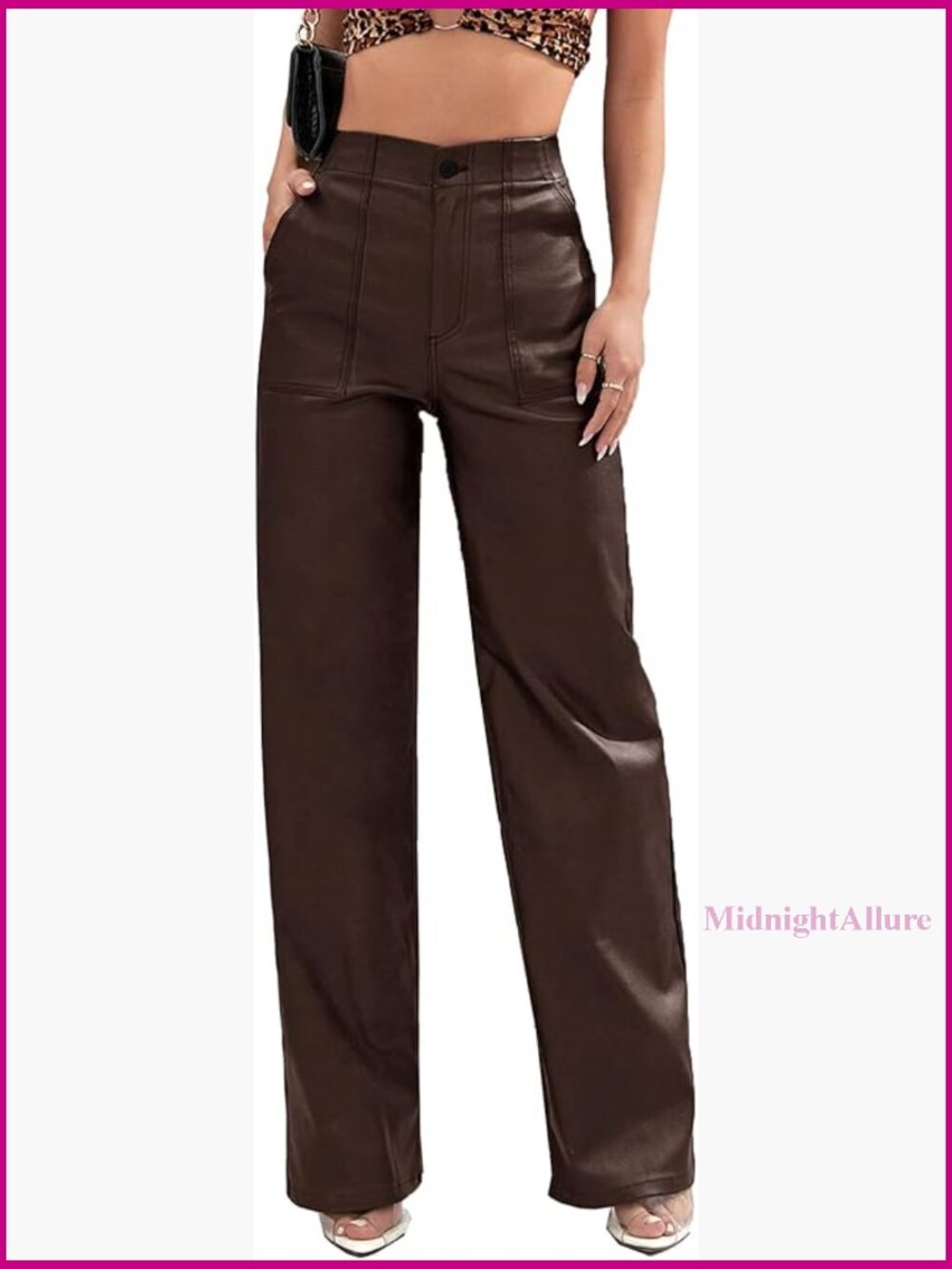 High Waist Faux Leather Pants Wide Leg Straight Leg Pu Coated Stretchy